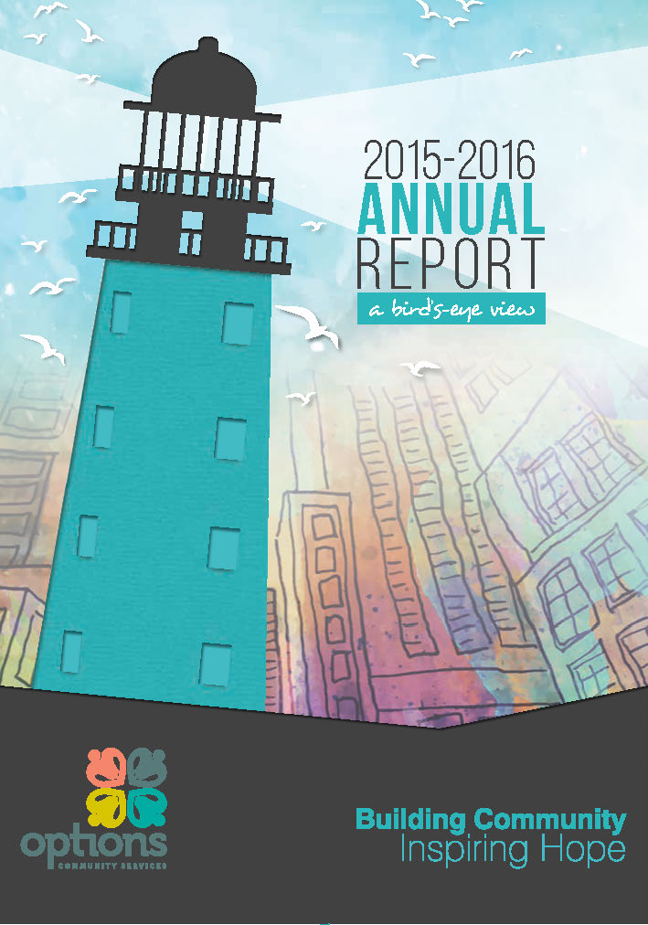 2014-15 Aannual report cover with a lighthouse in the foreground and a city scape in the background