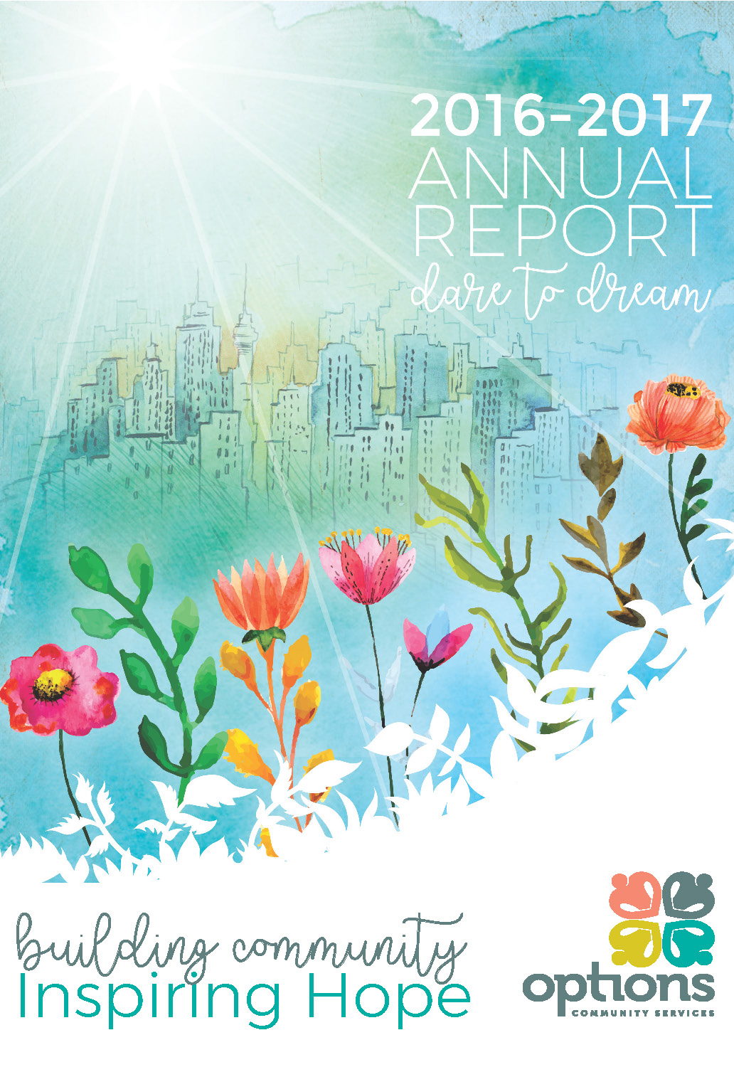 @017-18 Annual Report cover of a cityscape in the distance and flowers growing in the foreground