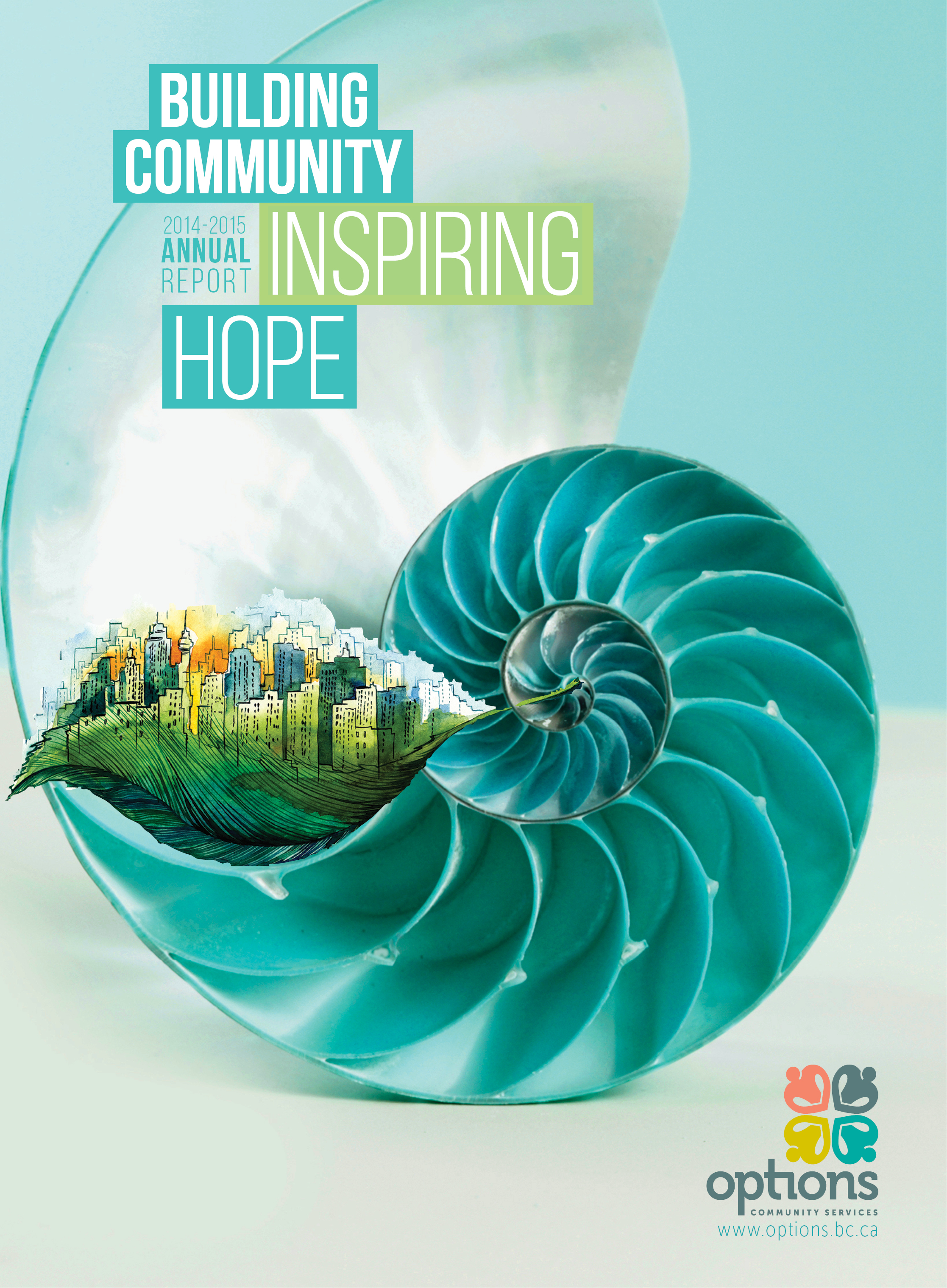 2014-15 Annual report cover showing a city scape insite a nautilus shell